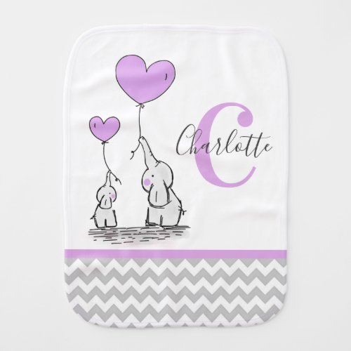 Personalized Elephant Purple Grey Chevron Girl Baby Burp Cloth