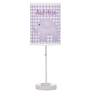 Personalized Elephant Purple Plaid Gingham Nursery Table Lamp