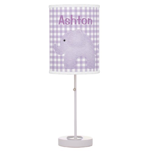 Personalized Elephant Purple Plaid Gingham Nursery Table Lamp