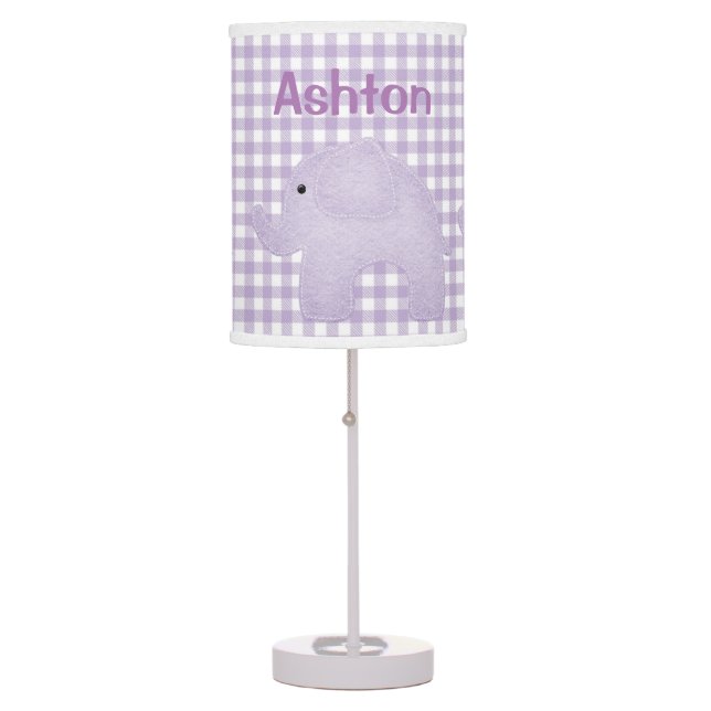 Personalized Elephant Purple Plaid Gingham Nursery Table Lamp (Front)