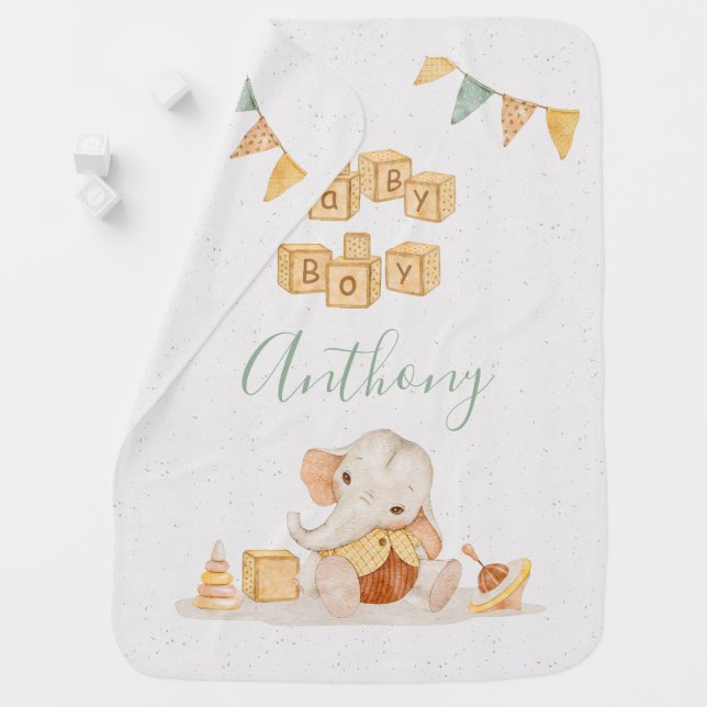 Personalized Elephant Watercolor Simple Baby Boy  Baby Blanket (In Situ)