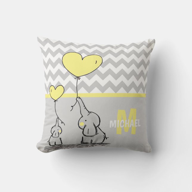 Personalized Elephant Yellow Grey Chevron Nursery Throw Pillow (Front)