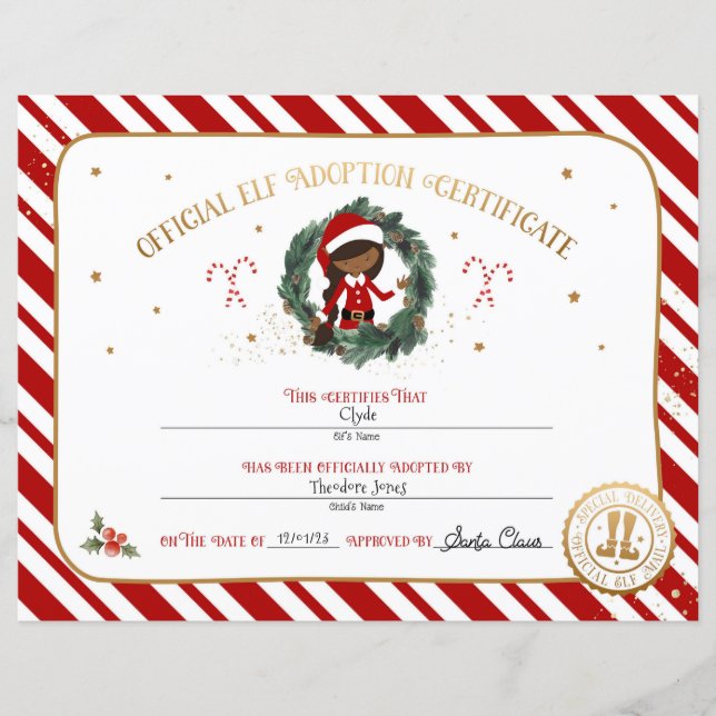 Personalized Elf Adoption Certificate (Front)