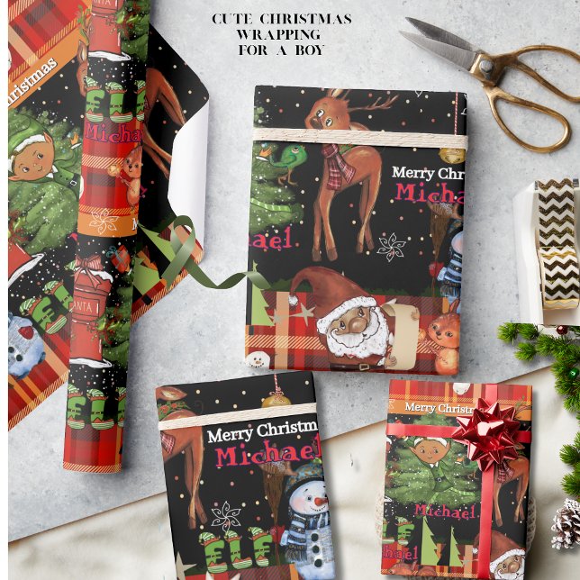 Personalized Elf Boy Name Christmas | Red Plaid Wrapping Paper (Personalized Elf Boy Name Christmas  Red Plaid Wrapping Paper)