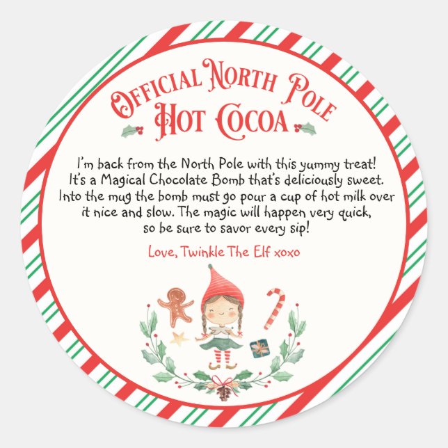 Personalized Elf Hot Chocolate Bomb Arrival Gift Classic Round Sticker (Front)