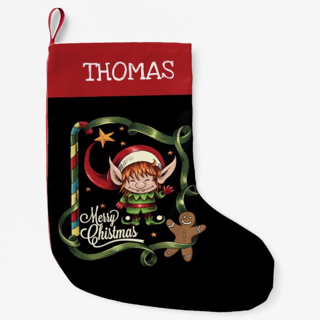Personalized Elf Merry Christmas Gingerbread Small Christmas Stocking (Front)