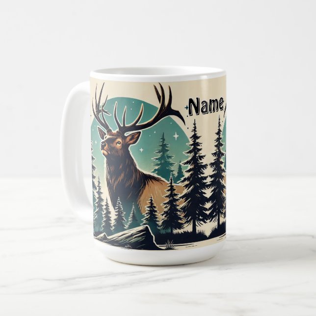 Personalized Elk in Forest with Starry Night Sky Coffee Mug (Front Left)