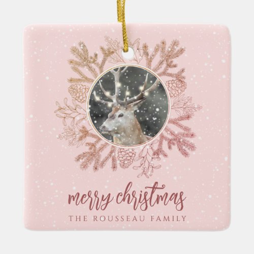 Personalized Elk Winter Snow Boughs Pink Holiday  Ceramic Ornament