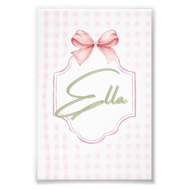 Personalized Ella Baby Girl Nursery Bow&Gingham  Photo Print (Front)