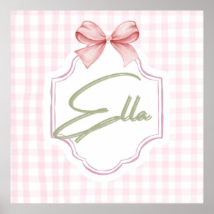 Personalized Ella Baby Girl Nursery Bow&Gingham Poster