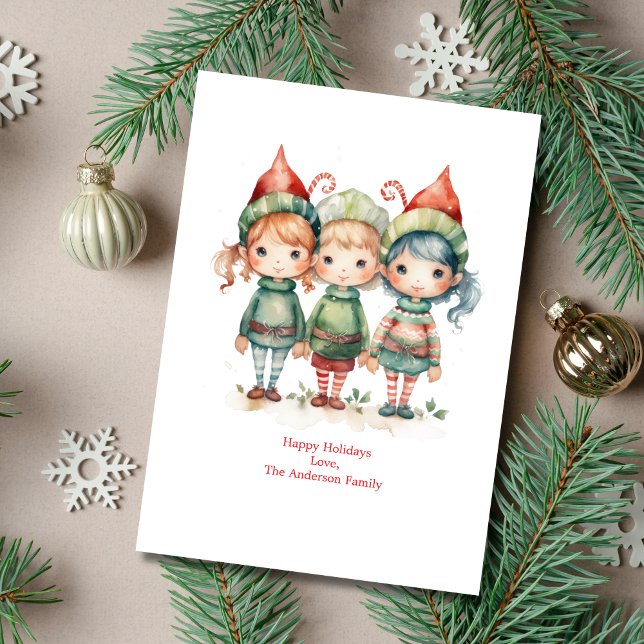 Personalized Elves Elf Holiday Christmas Card (Three Whimsical Watercolor Elves Christmas Holiday Card. Printed or Digital Instant download)