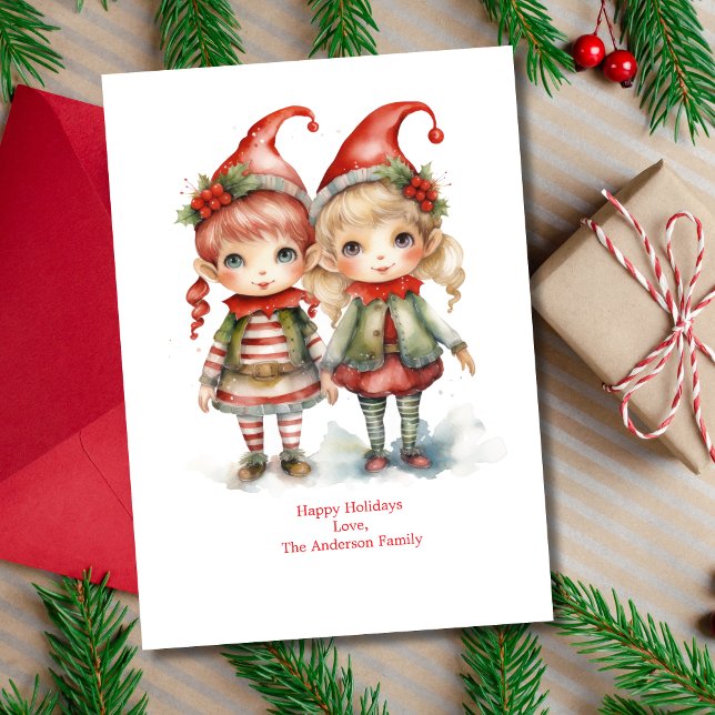 Personalized Elves Elf Holiday Christmas Card (Christmas Elves on this holiday card. Two cute elves. Printed or Digital Instant download)