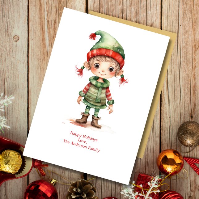 Personalized Elves Elf Holiday Christmas Card (Elf Christmas Holiday card Cute Adorable Whimsical Personalize it. Printed or Instant Download)