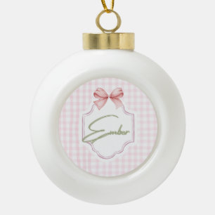 Personalized Ember Baby Girl Nursery Bow&Gingham Ceramic Ball Christmas Ornament