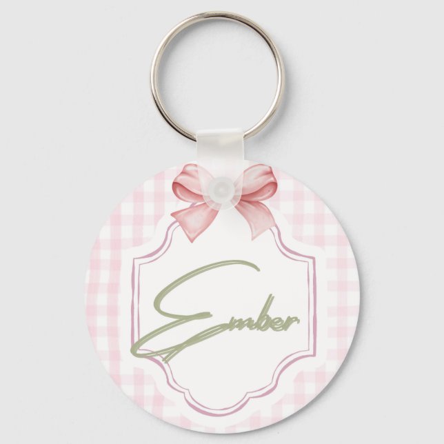 Personalized Ember Baby Girl Nursery Bow&Gingham  Keychain (Front)