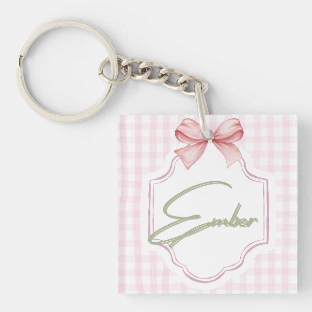 Personalized Ember Baby Girl Nursery Bow&Gingham  Keychain (Front)