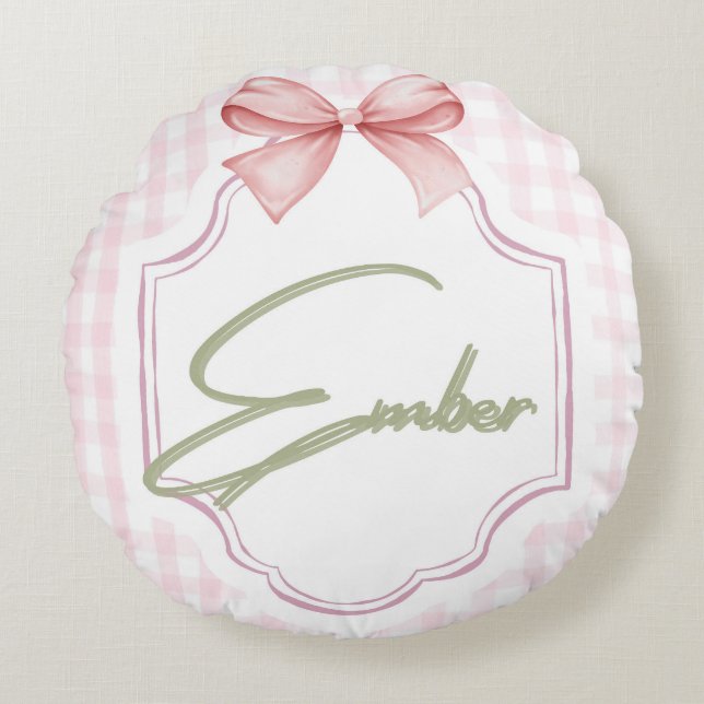 Personalized Ember Baby Girl Nursery Bow&Gingham  Round Pillow (Front)