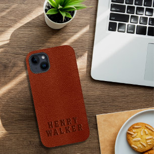 Personalized Embossed Brown Vegan Leather Case-Mate iPhone 14 Plus Case