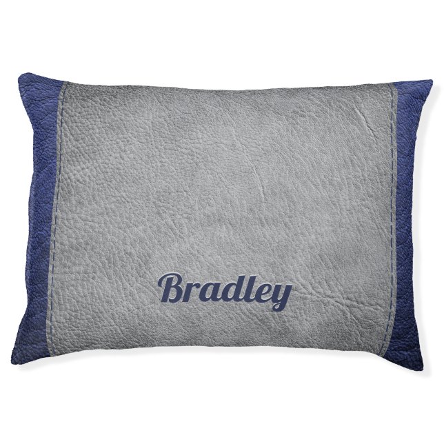 Personalized Embossed Faux Leather Blue and Grey Pet Bed (Front)