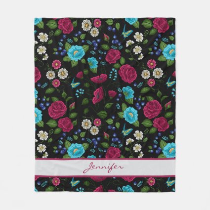 Personalized Embroidery Style Floral Blue Black Fleece Blanket
