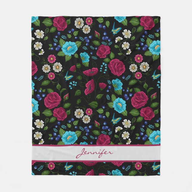 Personalized Embroidery Style Floral Blue Black Fleece Blanket (Front)