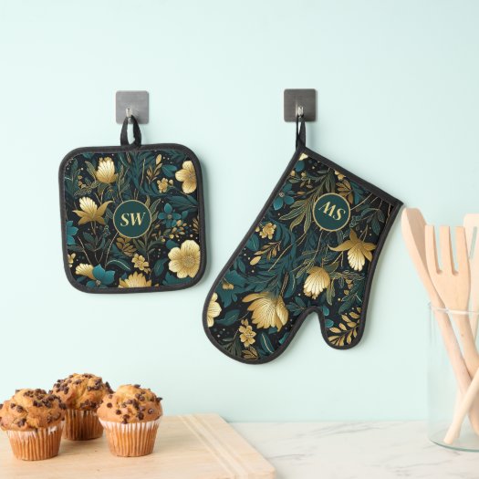 Personalized Emerald Gold Floral  Oven Mitt & Pot