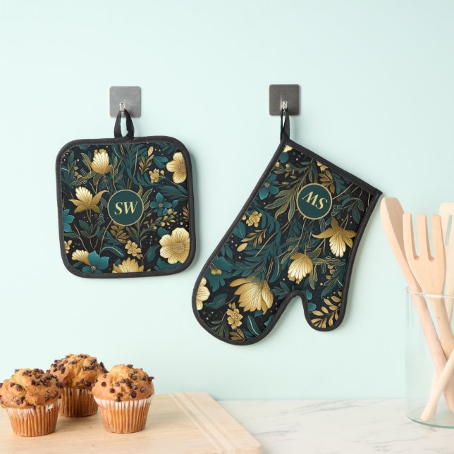 Personalized Emerald Gold Floral  Oven Mitt & Pot Oven Mitt & Pot Holder Set (Insitu(Hanging))