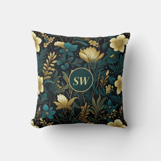 Personalized Emerald Gold Floral Throw Pillow (Front)