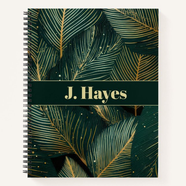 Personalized Emerald & Gold Tropical Leaf Notebook (Front)