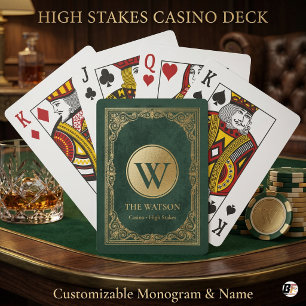 Personalized Emerald Green & Gold Casino Monogram Poker Cards