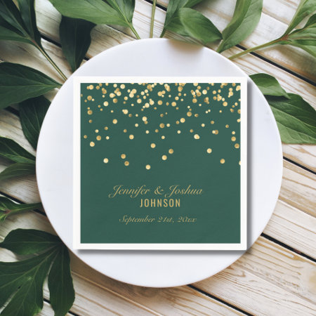 Personalized Emerald Green Gold Confetti Wedding Napkins