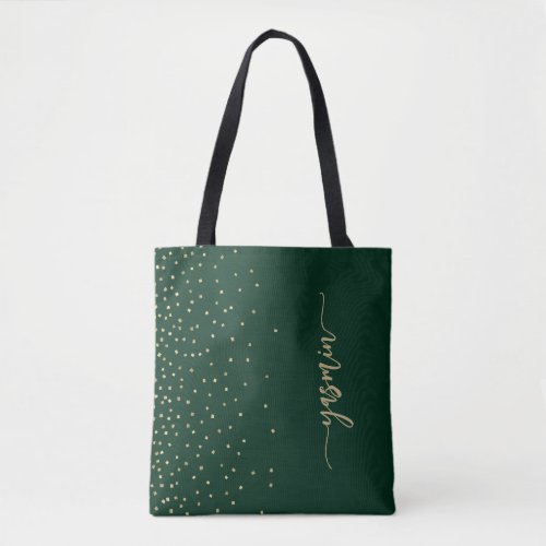 Personalized Emerald Green Gold Square Confetti Tote Bag