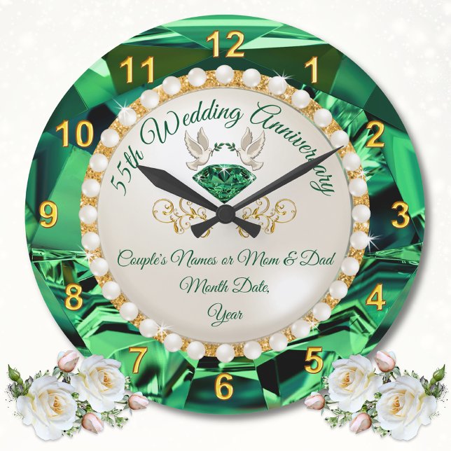 Personalized ,Emerald Wedding Anniversary Gifts, Large Clock (Emerald Green Wall Clock. Personalised, 55th wedding anniversary gift ideas for parents. 55 year.)