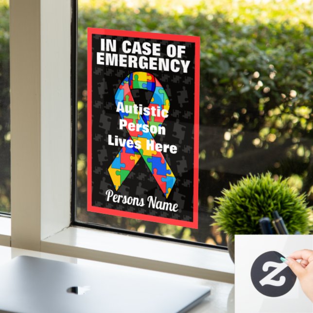 Personalized Emergency Autistic Person Lives Here Window Cling (Office)