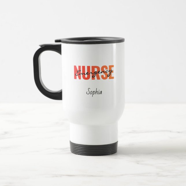 Personalized Emergency Nurse Bold Typography Travel Mug (Left)