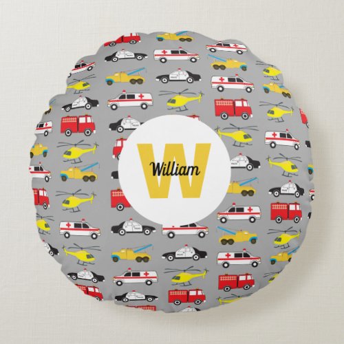 Personalized Emergency Vehicles Transportation Round Pillow