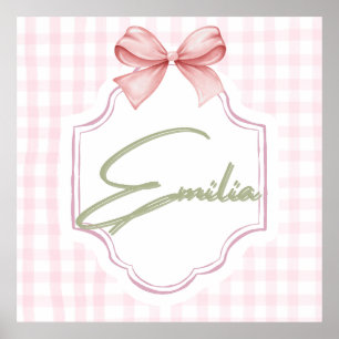 Personalized Emilia Baby Girl Nursery Bow&Gingham Poster