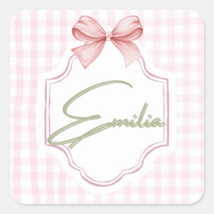 Personalized Emilia Baby Girl Nursery Bow&Gingham Square Sticker