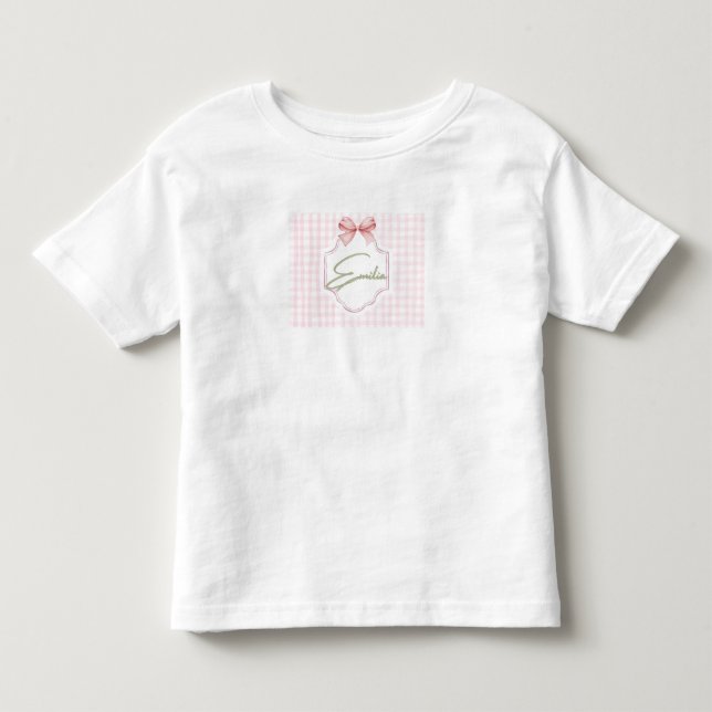 Personalized Emilia Baby Girl Nursery Bow&Gingham  Toddler T-shirt (Front)