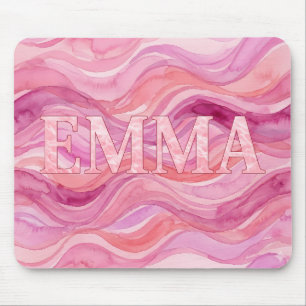 Personalized EMMA Pink Watercolor Waves Mouse Pad