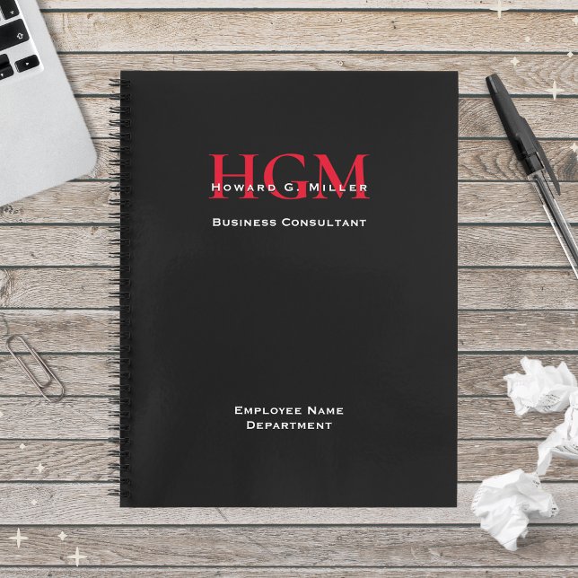 Personalized Employee Name Monogram Logo Black Red Notebook (Creator Uploaded)