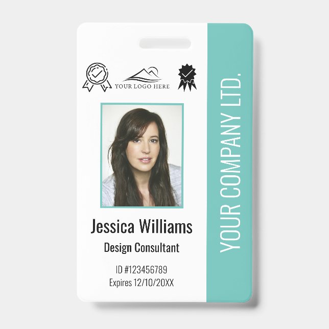 Personalized Employee Photo Certification Teal ID  Badge (Front)