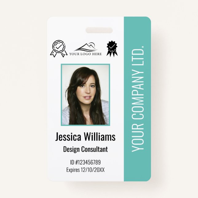 Personalized Employee Photo Certification Teal ID  Badge (Front)