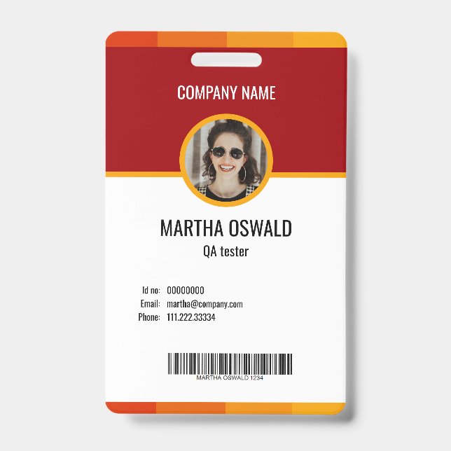 Personalized Employee Photo Yellow Red Id  Badge (Front)
