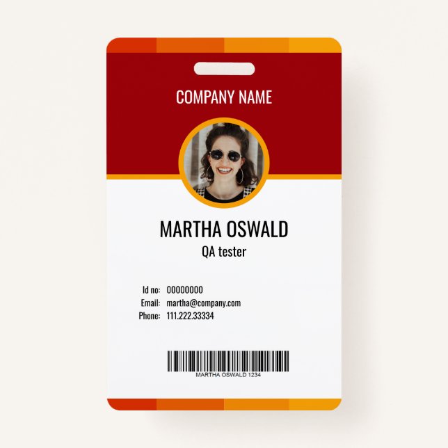 Personalized Employee Photo Yellow Red Id  Badge (Front)