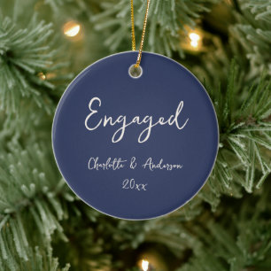 Personalized Engaged Couple Handwritten Navy Blue Ceramic Ornament