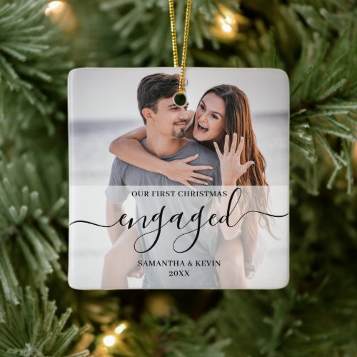 Personalized Engaged Couple Photo Names Trees Ceramic Ornament