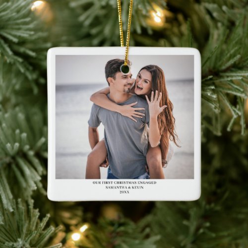 Personalized Engaged Couple Photo Names Trees Ceramic Ornament