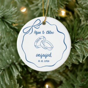 Personalized Engaged Couple Ring Bow Ceramic Ornament