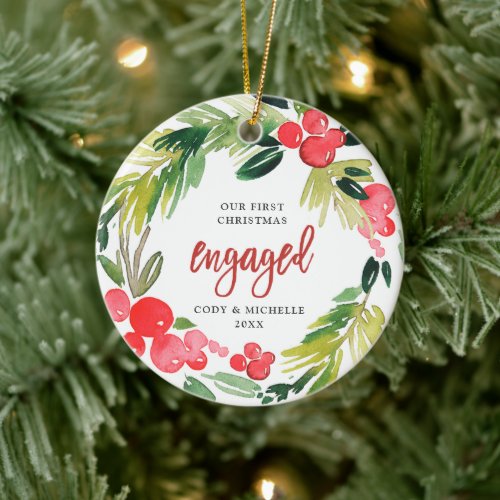 Personalized Engaged Watercolor Holly Berry Wreath Ceramic Ornament